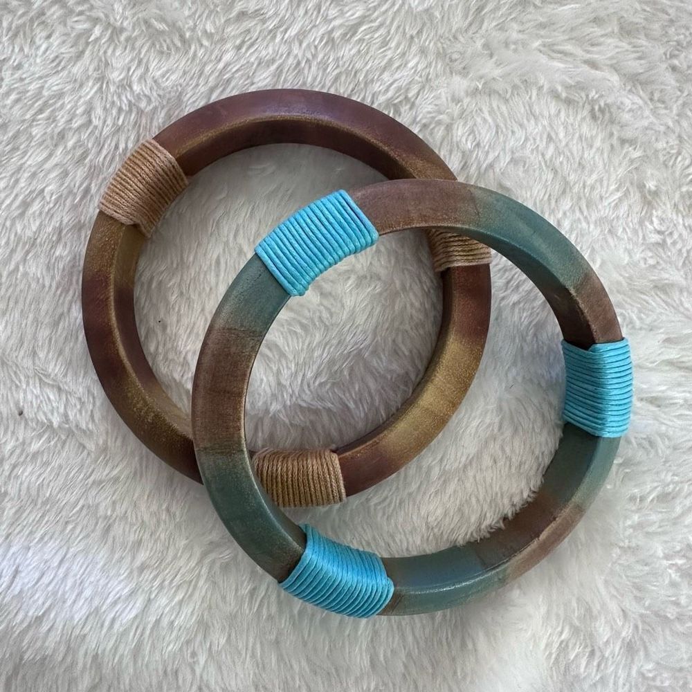 Contemporary Wood‎ Cord Wrapped Bangle Bracelet Set Bohemian 2 Piece Blue Brown